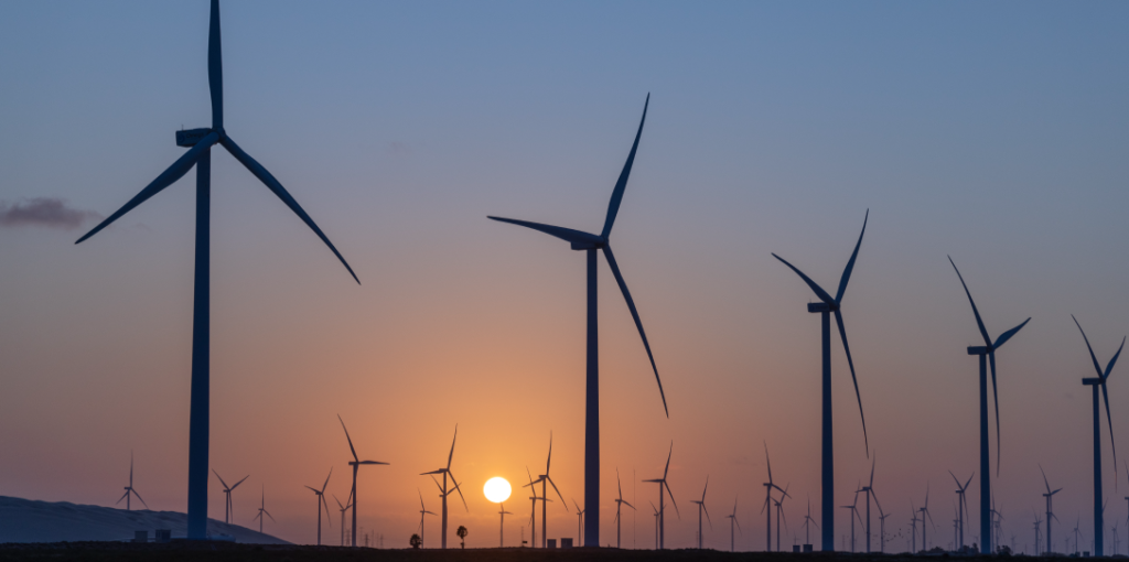 Parque de geração de energia eólica com aerogeradores na frente de um pôr-do-sol. Mercado Livre de Energia: Compre energia elétrica com mais liberdade e economia. Saiba como funciona e como participar 