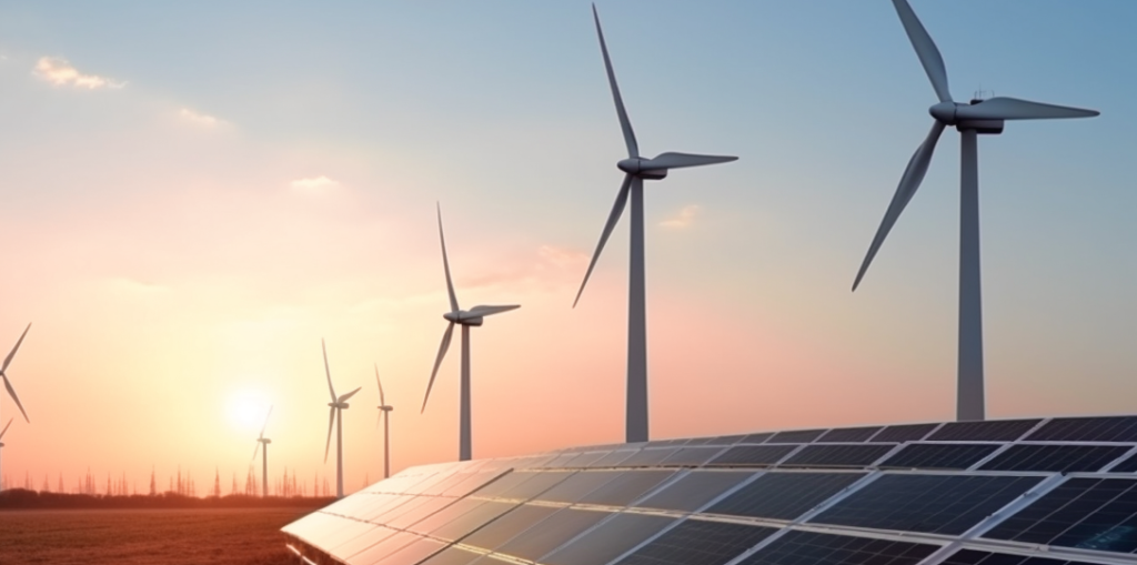 Usina de geração de energia com painéis de energia solar e aerogeradores de energia eólica. Conheça as vantagens do Mercado Livre de Energia para empresas