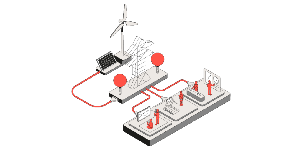 Rede de geração e distribuição de energia elétrica em 3D. Guia sobre empresas distribuidoras de energia: entenda sua atuação e relação com o consumidor final.